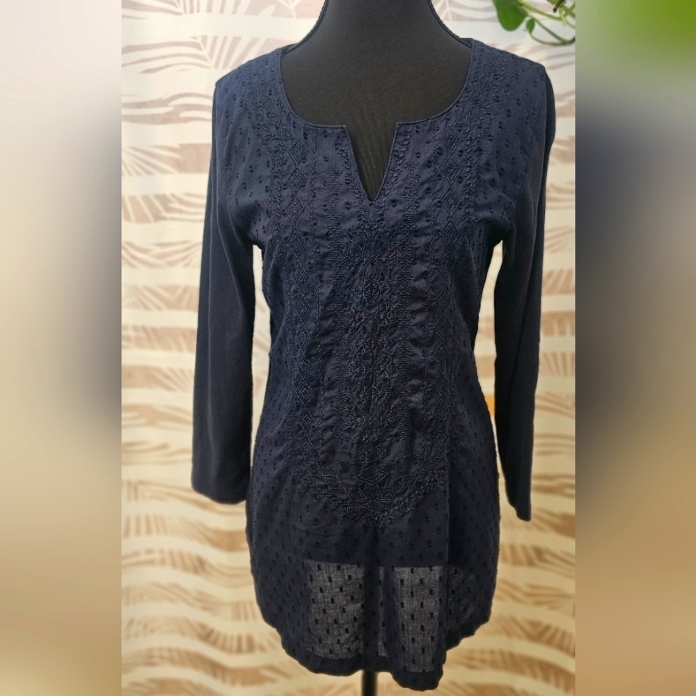 Eddie Bauer Blue Ribbed Casual Tunic with 3/4 Sleeves Size S